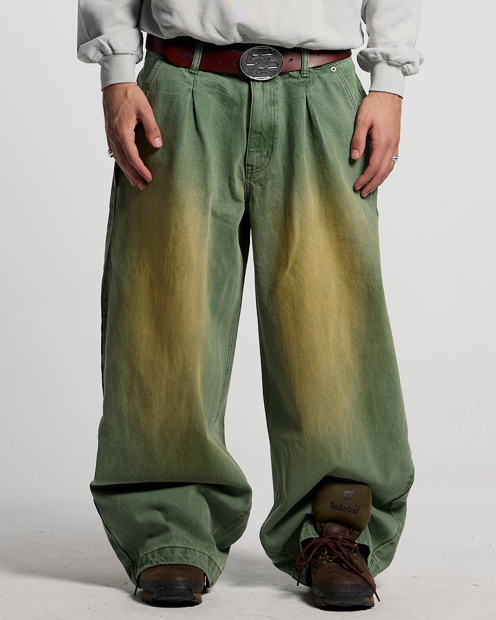 BARREL V4 PANTS GREEN - green washed barrel pants, front view on male model - Cold Culture