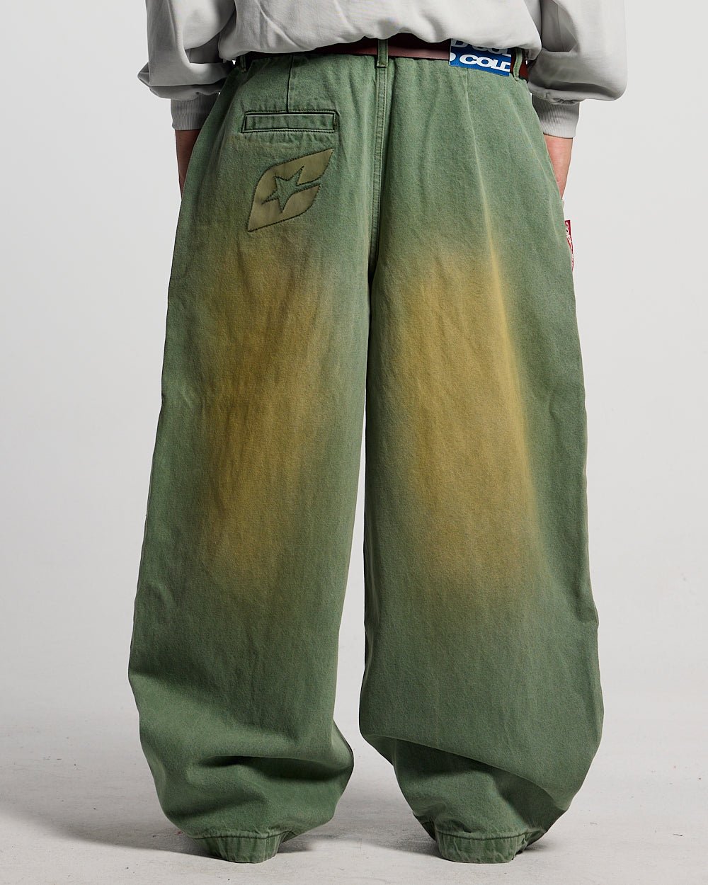 BARREL V4 PANTS GREEN - green washed barrel pants, back view on male model - Cold Culture