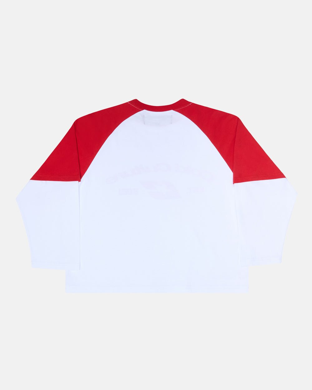 BASEBALL DOUBLE SLEEVE TEE WHITE/RED - white and red layered longsleeve tee, back view - Cold Culture #packshot