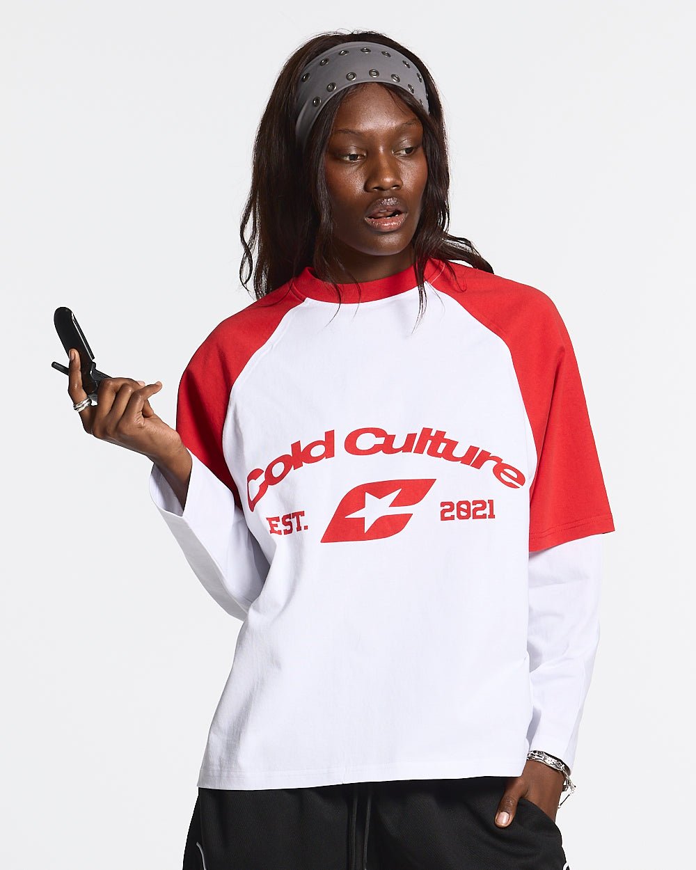 BASEBALL DOUBLE SLEEVE TEE WHITE/RED - white and red layered longsleeve tee, front view on female model - Cold Culture #woman