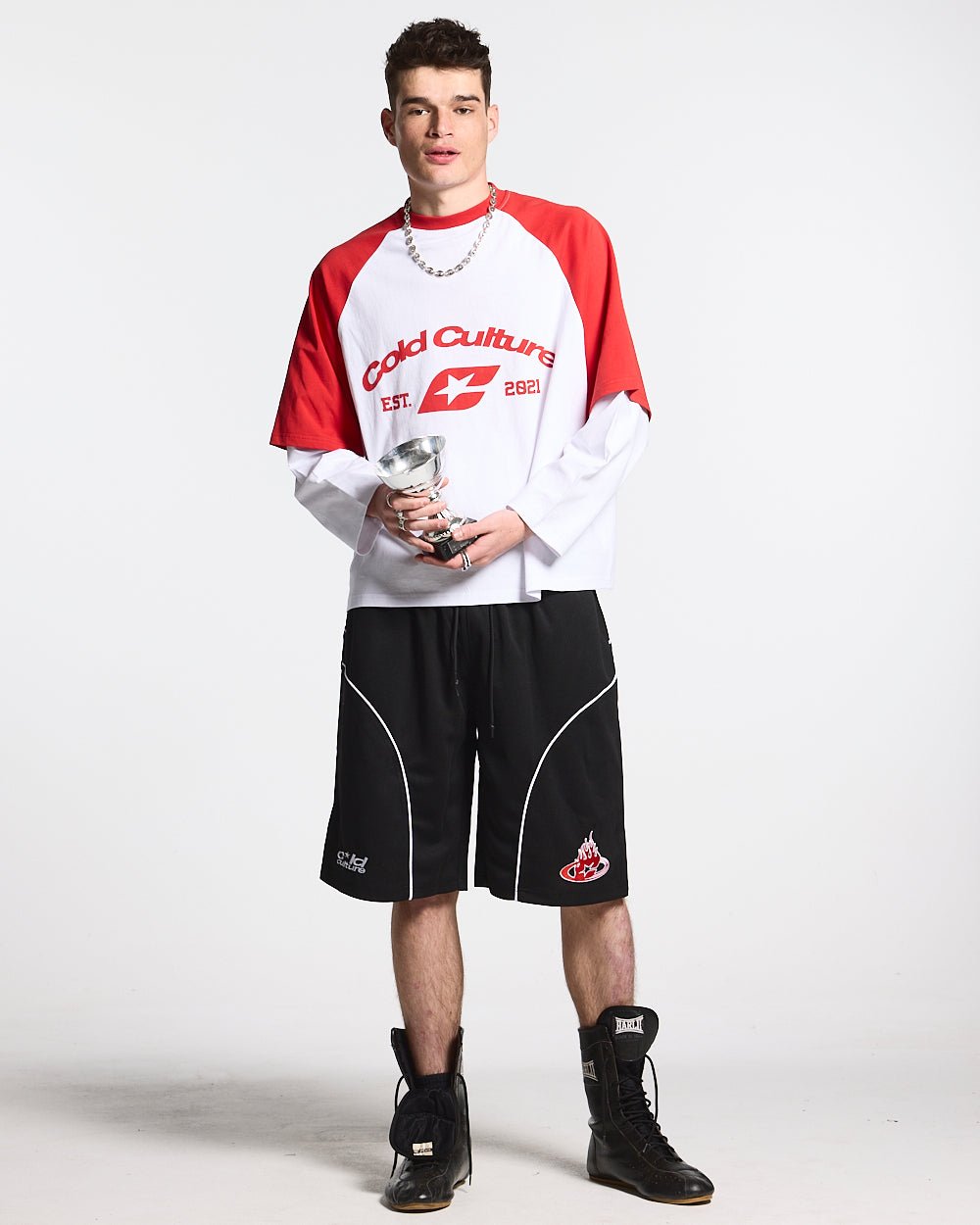 BASEBALL DOUBLE SLEEVE TEE WHITE/RED - white and red layered longsleeve tee, front view on male model - Cold Culture #man