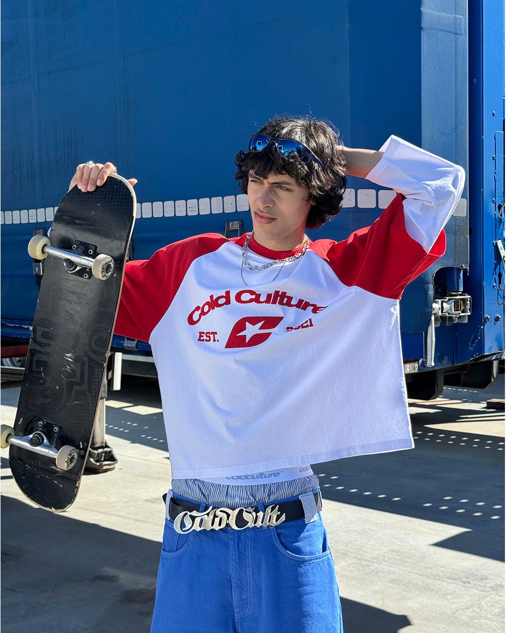 BASEBALL DOUBLE SLEEVE TEE WHITE/RED - white and red layered longsleeve tee, street style shot - Cold Culture