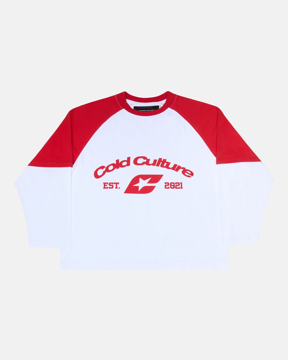 BASEBALL DOUBLE SLEEVE TEE WHITE/RED - white and red layered longsleeve tee, front view - Cold Culture #packshot