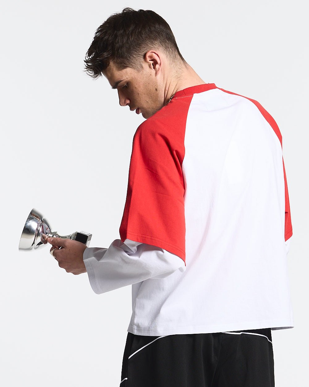 BASEBALL DOUBLE SLEEVE TEE WHITE/RED - white and red layered longsleeve tee, side view - Cold Culture #man