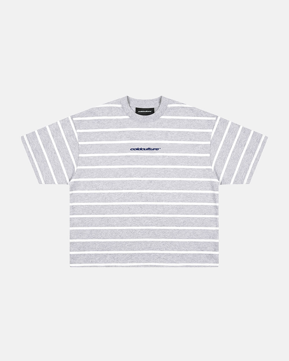 BAY STRIPE TEE GREY - grey striped tee, front view - Cold Culture #packshot