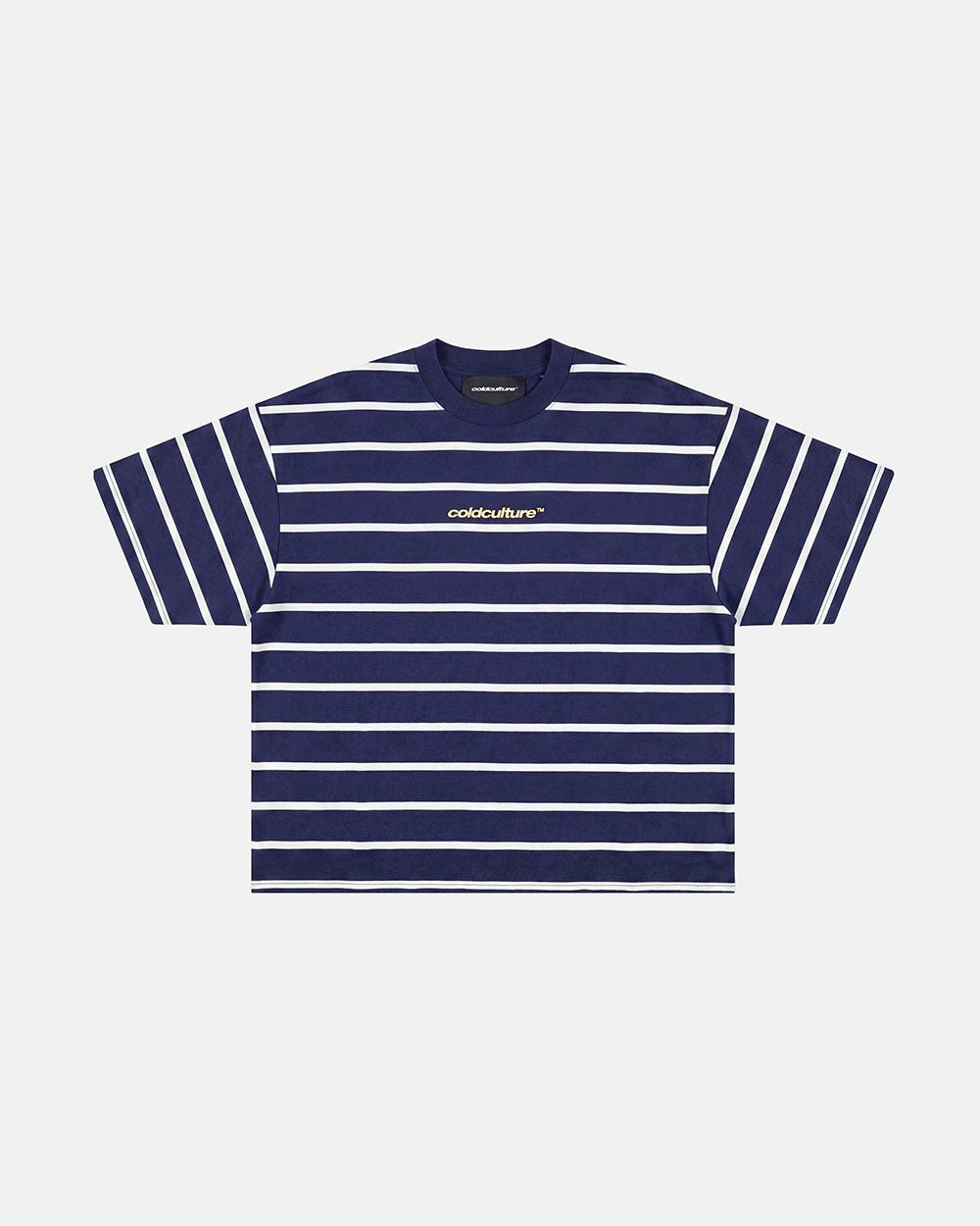 BAY STRIPE TEE NAVY - navy striped tee, front view - Cold Culture #packshot
