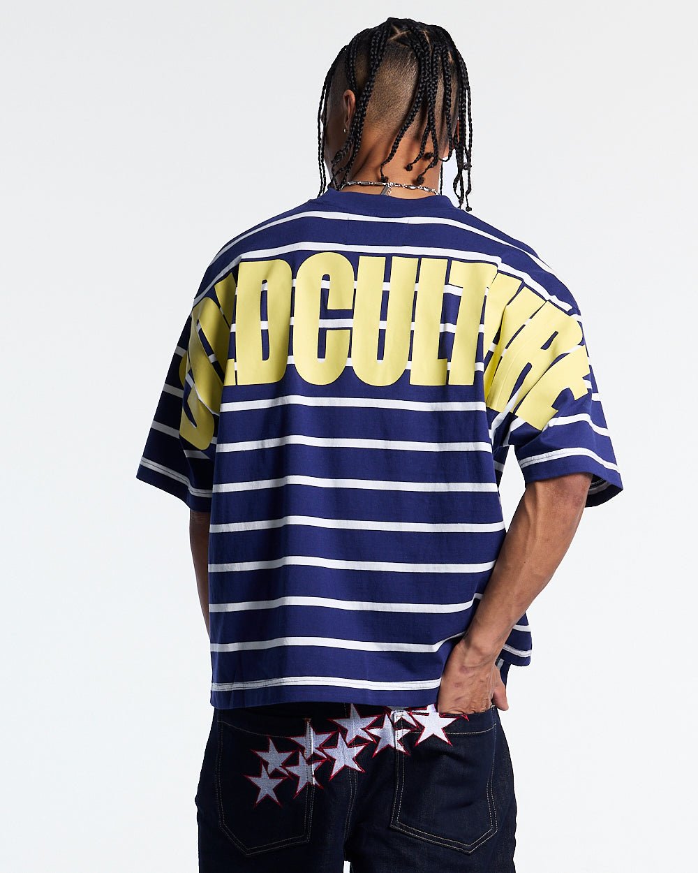 BAY STRIPE TEE NAVY - navy striped tee, back view on male model - Cold Culture #man