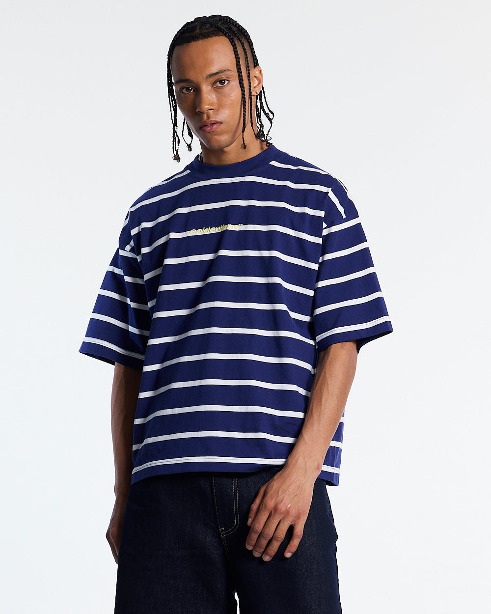 BAY STRIPE TEE NAVY - navy striped tee, front view on male model - Cold Culture #man