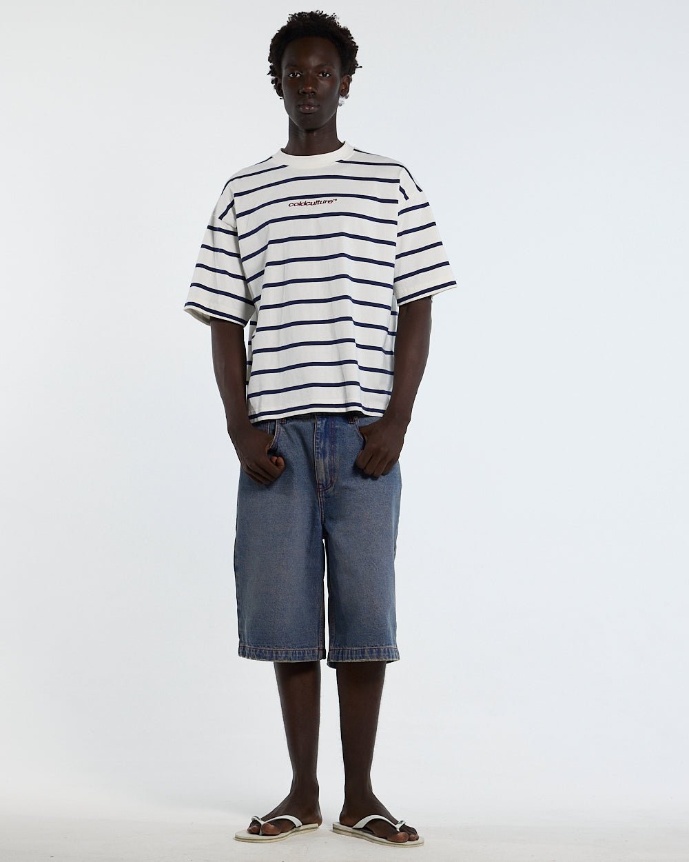 BAY STRIPE TEE WHITE - white striped tee, front view on male model - Cold Culture #man