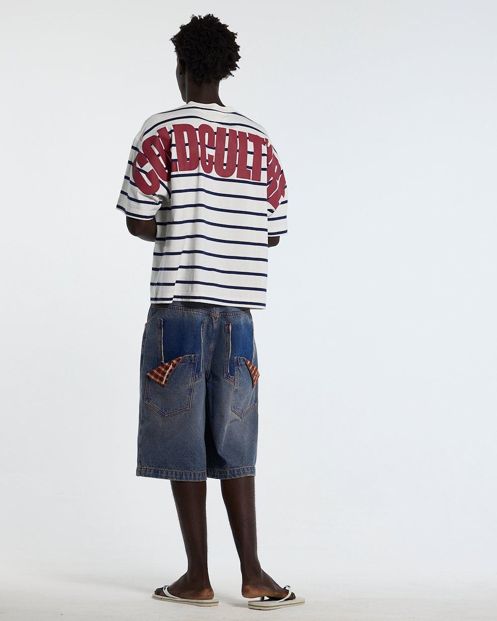 BAY STRIPE TEE WHITE - white striped tee, back view on male model - Cold Culture #man