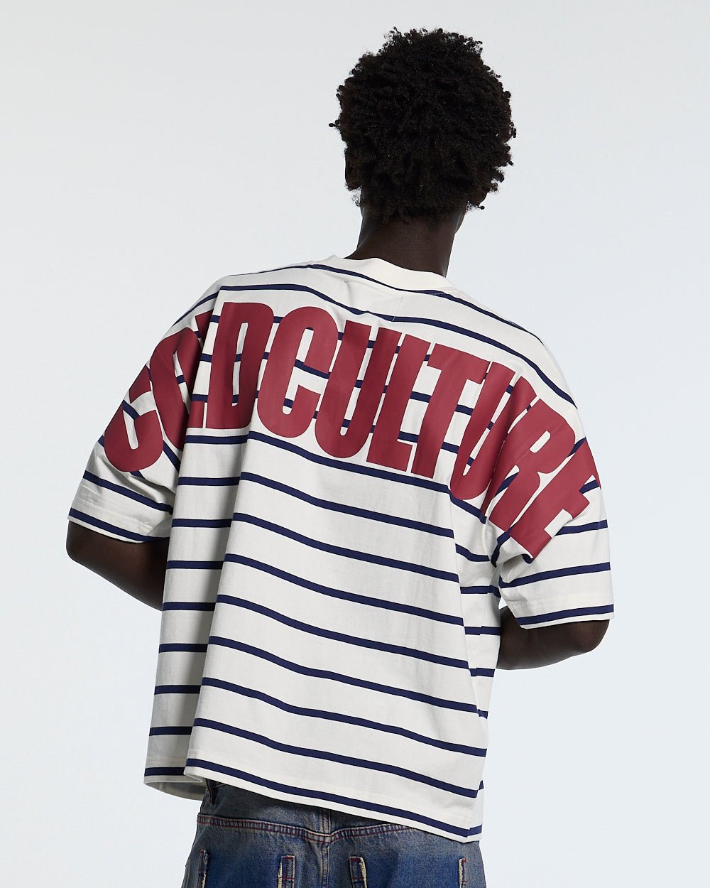 BAY STRIPE TEE WHITE - white striped tee, back view on male model - Cold Culture #man