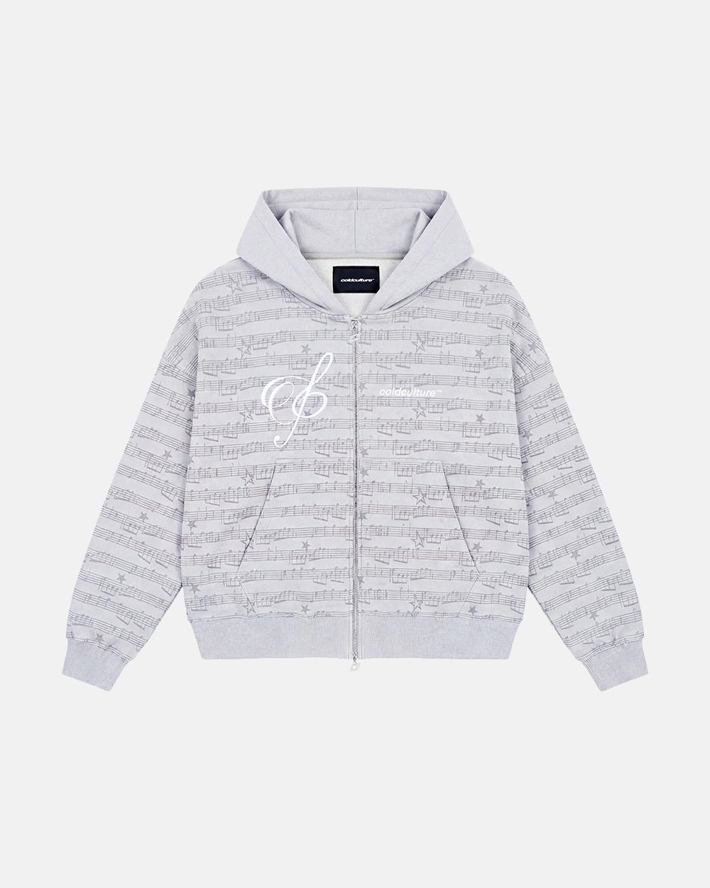 BEAT IT ZIP HOODIE GREY - grey printed zip-up hoodie, flat lay - Cold Culture #packshot