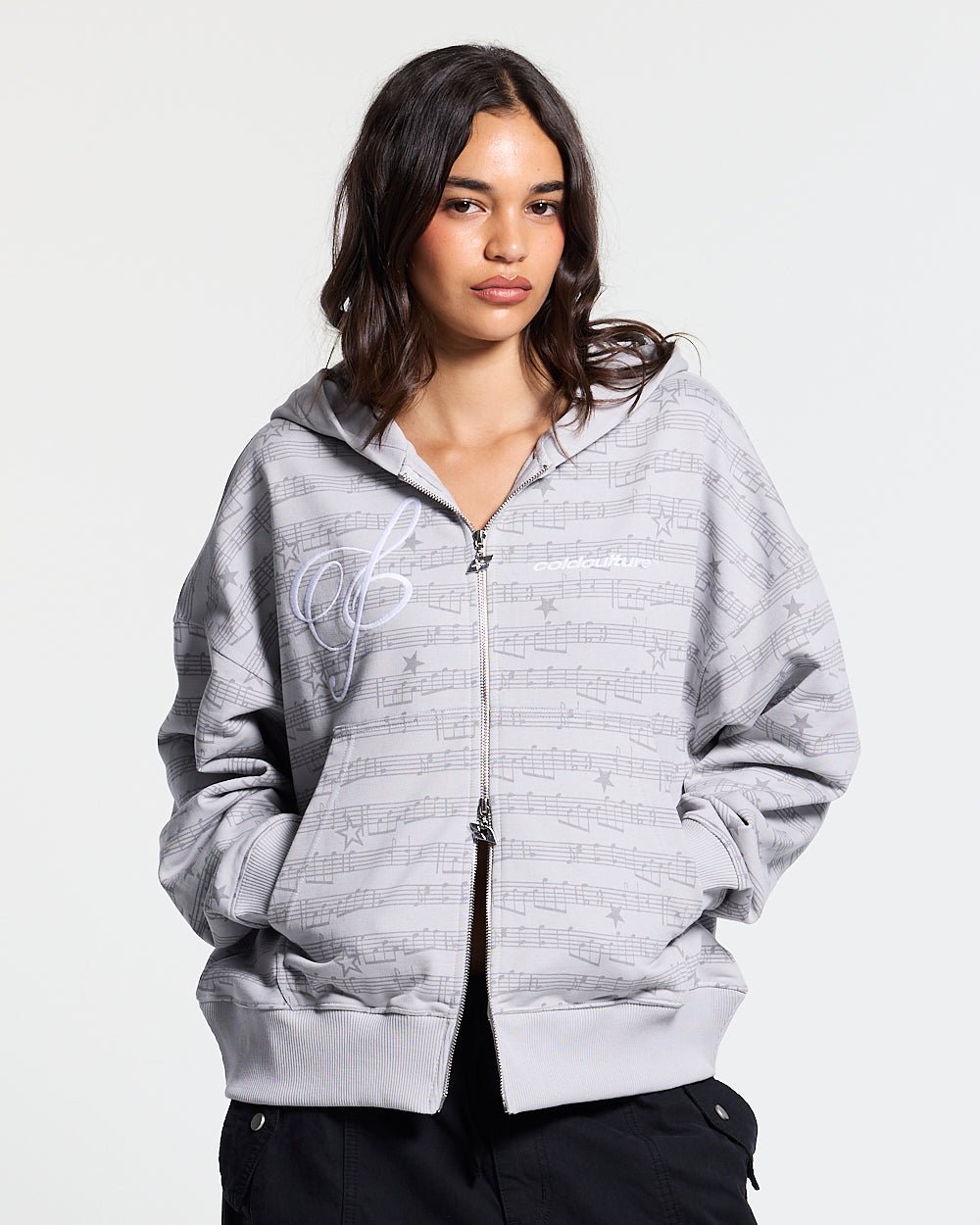 BEAT IT ZIP HOODIE GREY - grey printed zip-up hoodie, front view on female model - Cold Culture #woman