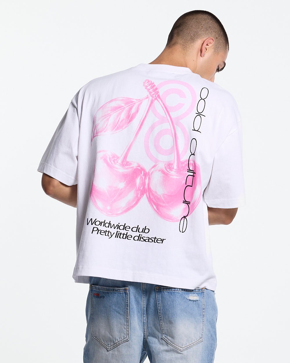BERRY TEE WHITE - white graphic print tee, back view on male model - Cold Culture #man