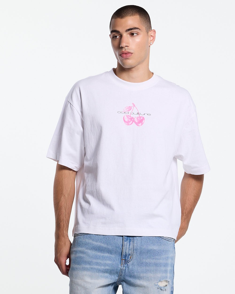 BERRY TEE WHITE - white graphic print tee, front view on male model - Cold Culture #man