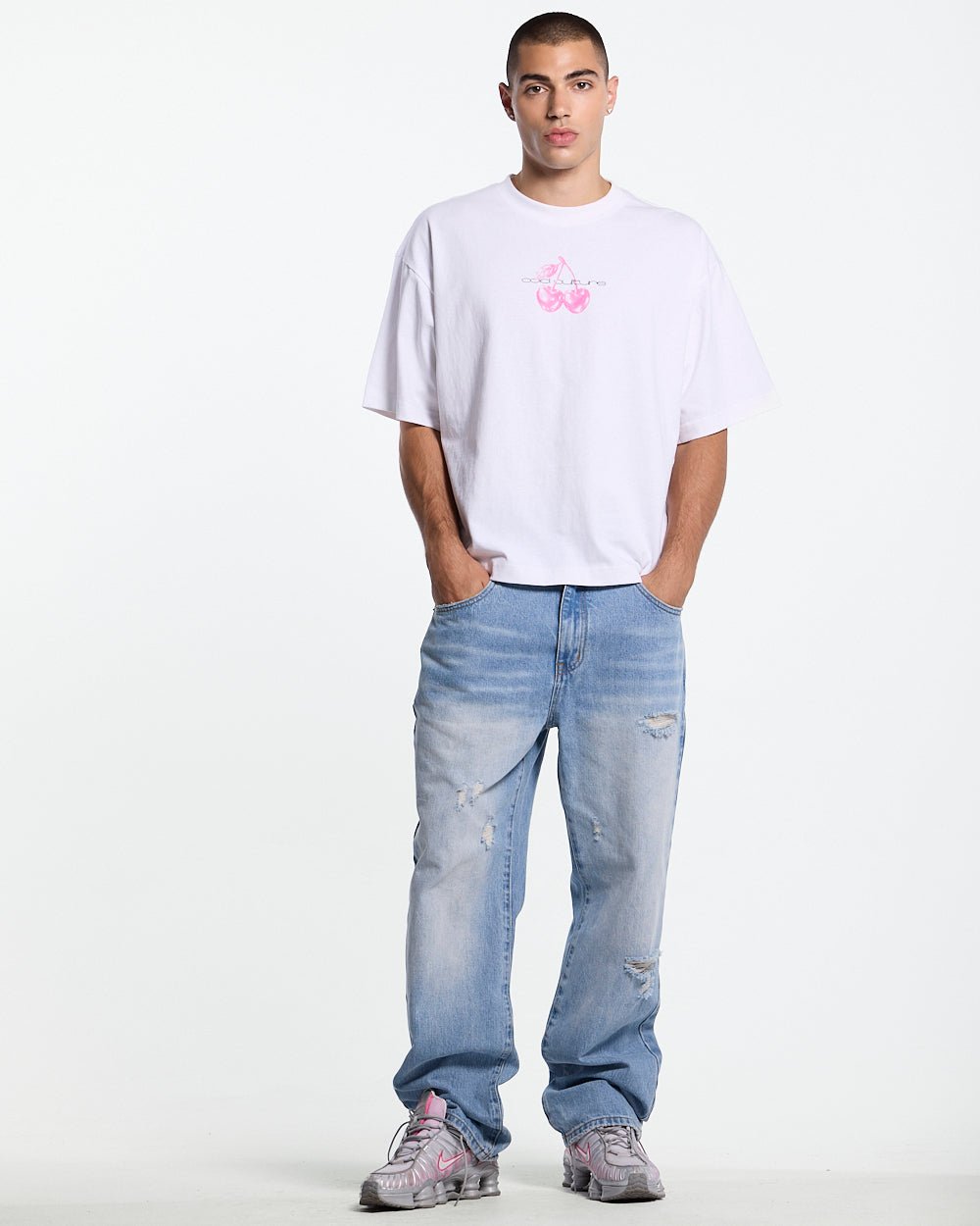 BERRY TEE WHITE - white graphic print tee, front view on male model - Cold Culture #man