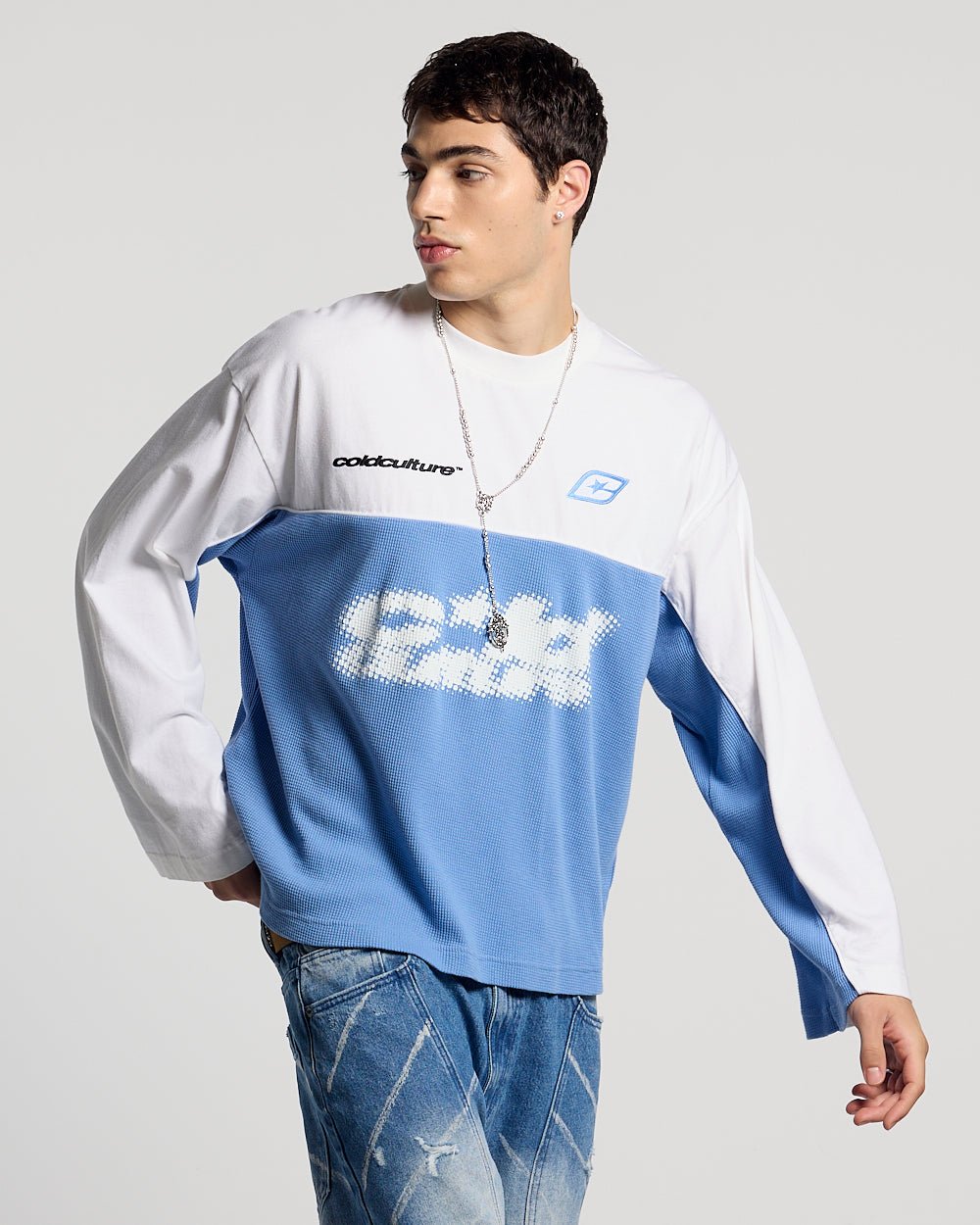 BICOLOR WAFFLE LONGSLEEVE BLUE & WHITE - blue and white colorblock longsleeve tee, front view on male model - Cold Culture #man