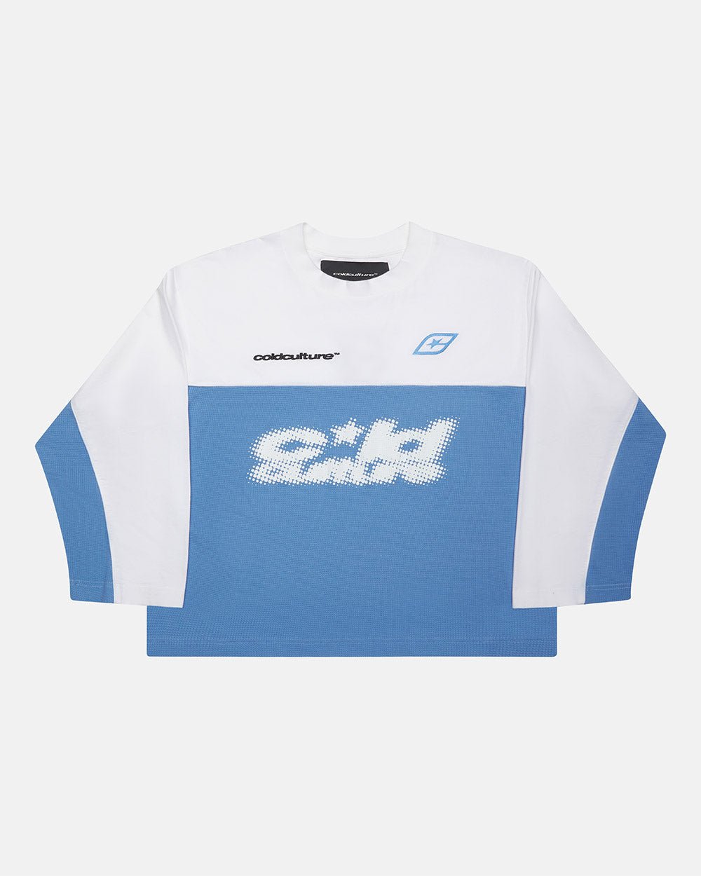 BICOLOR WAFFLE LONGSLEEVE BLUE & WHITE - blue and white colorblock longsleeve tee, front view - Cold Culture #packshot