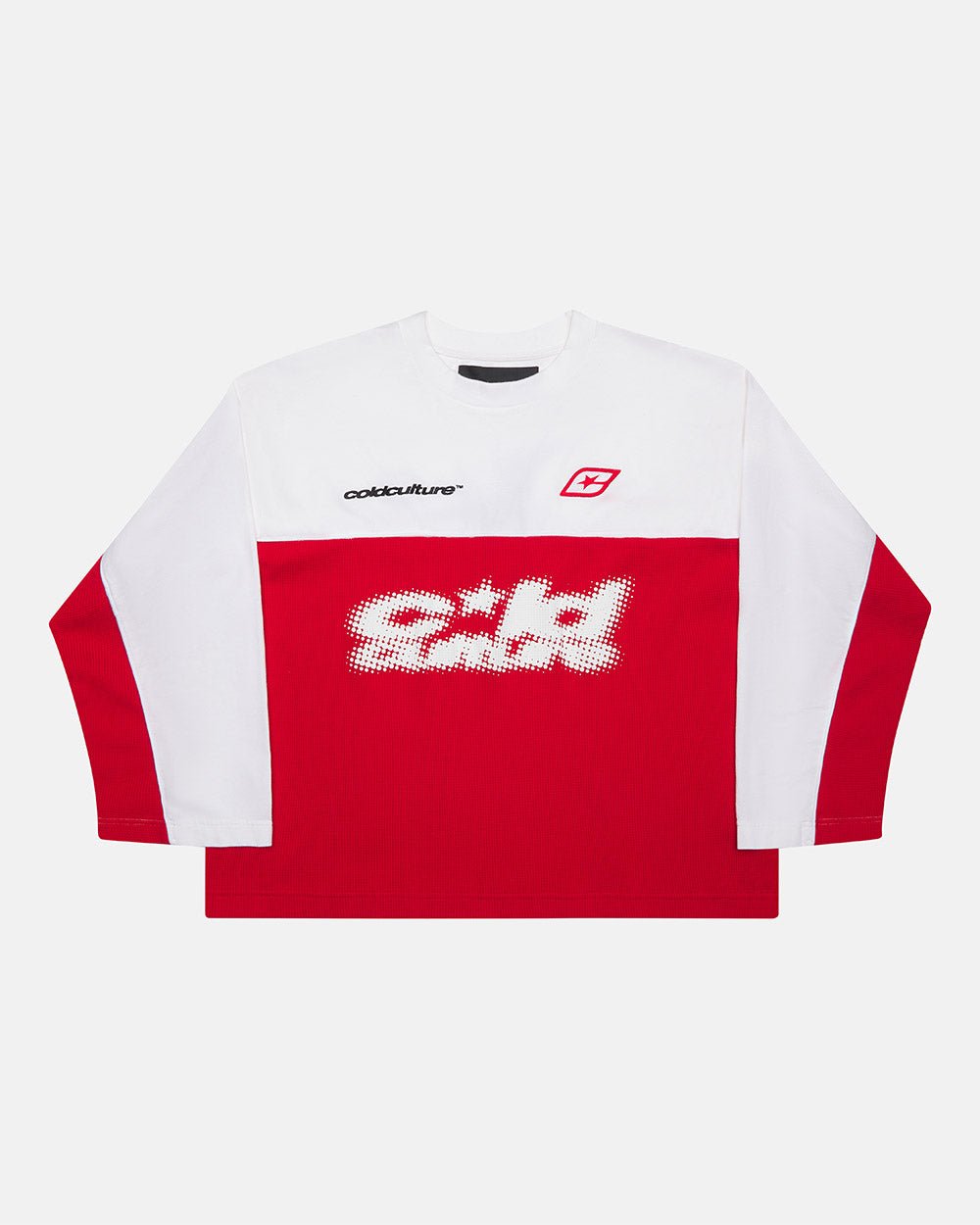 BICOLOR WAFFLE LONGSLEEVE RED & WHITE - red and white colorblock longsleeve tee, front view - Cold Culture #packshot