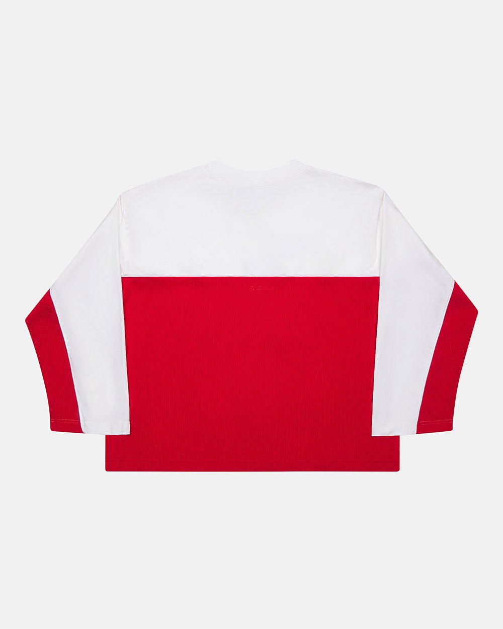 BICOLOR WAFFLE LONGSLEEVE RED & WHITE - red and white colorblock longsleeve tee, back view - Cold Culture #packshot