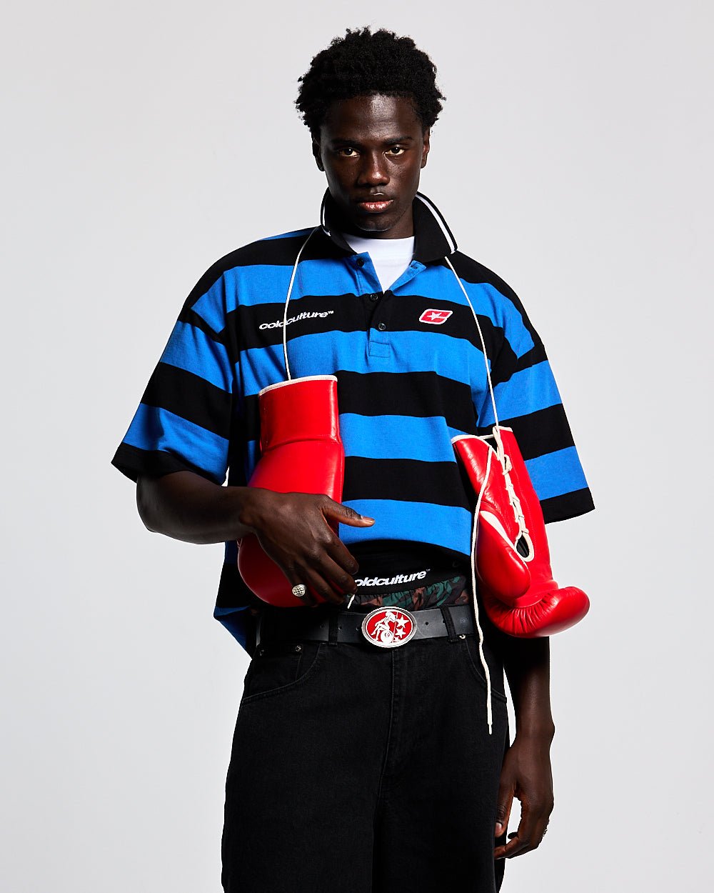 BIG STRIPES POLO T-SHIRT JASPER BLUE - blue and black striped polo shirt, front view on male model - Cold Culture #man