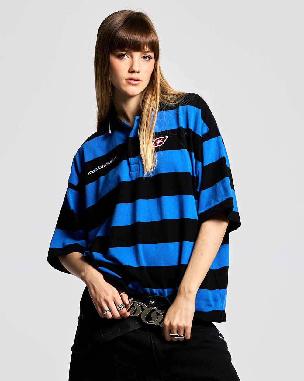 BIG STRIPES POLO T-SHIRT JASPER BLUE - blue and black striped polo shirt, front view on female model - Cold Culture #woman