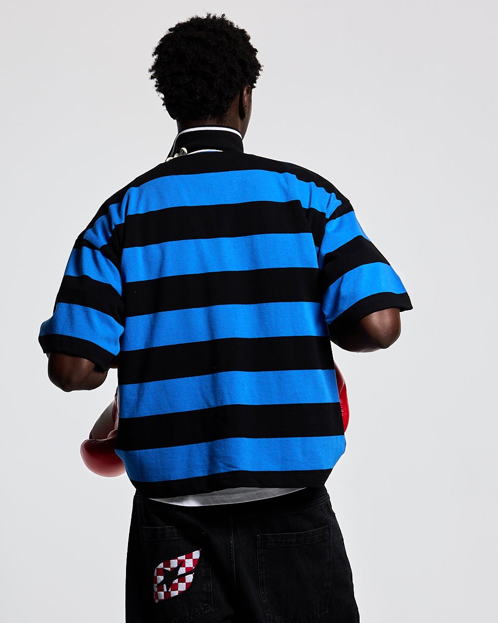 BIG STRIPES POLO T-SHIRT JASPER BLUE - blue and black striped polo shirt, back view on male model - Cold Culture #man