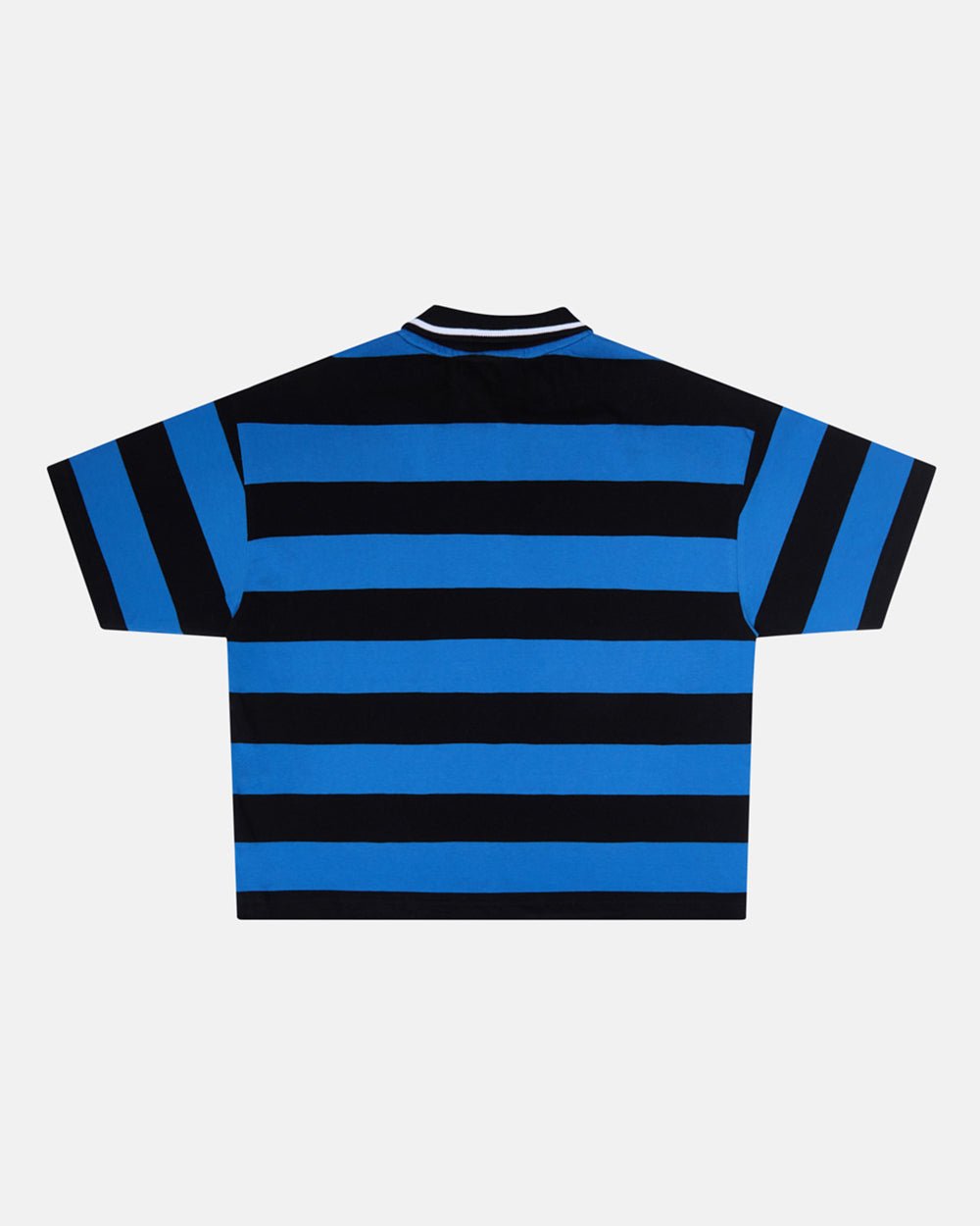 BIG STRIPES POLO T-SHIRT JASPER BLUE - blue and black striped polo shirt, back view - Cold Culture #packshot
