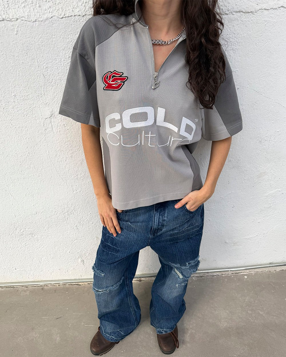 BIKER POLO LIGHT GREY - light grey half-zip polo, street style shot - Cold Culture #woman