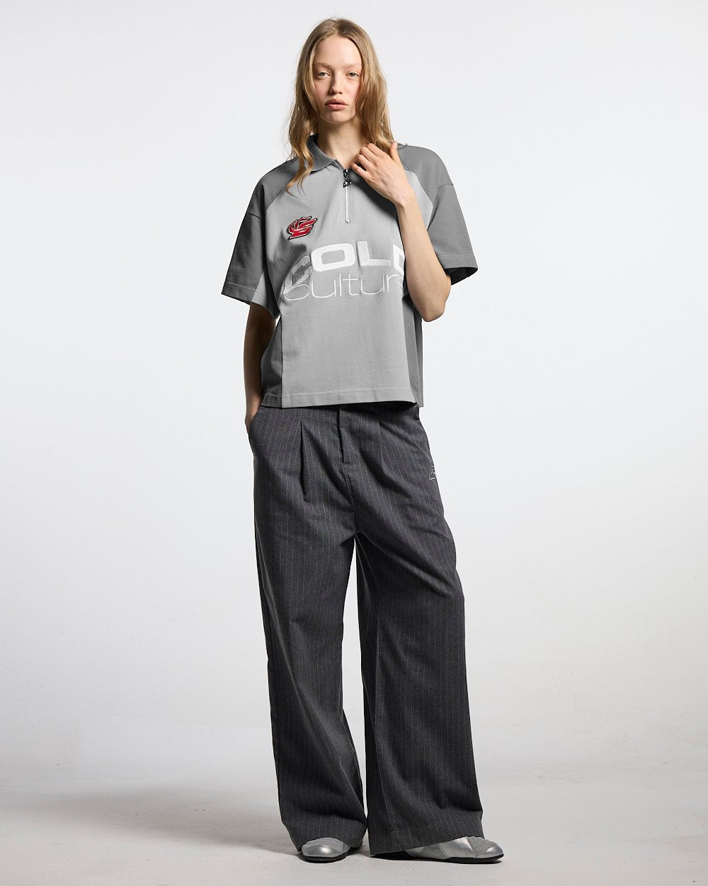 BIKER POLO LIGHT GREY - light grey half-zip polo, front view on female model - Cold Culture #woman