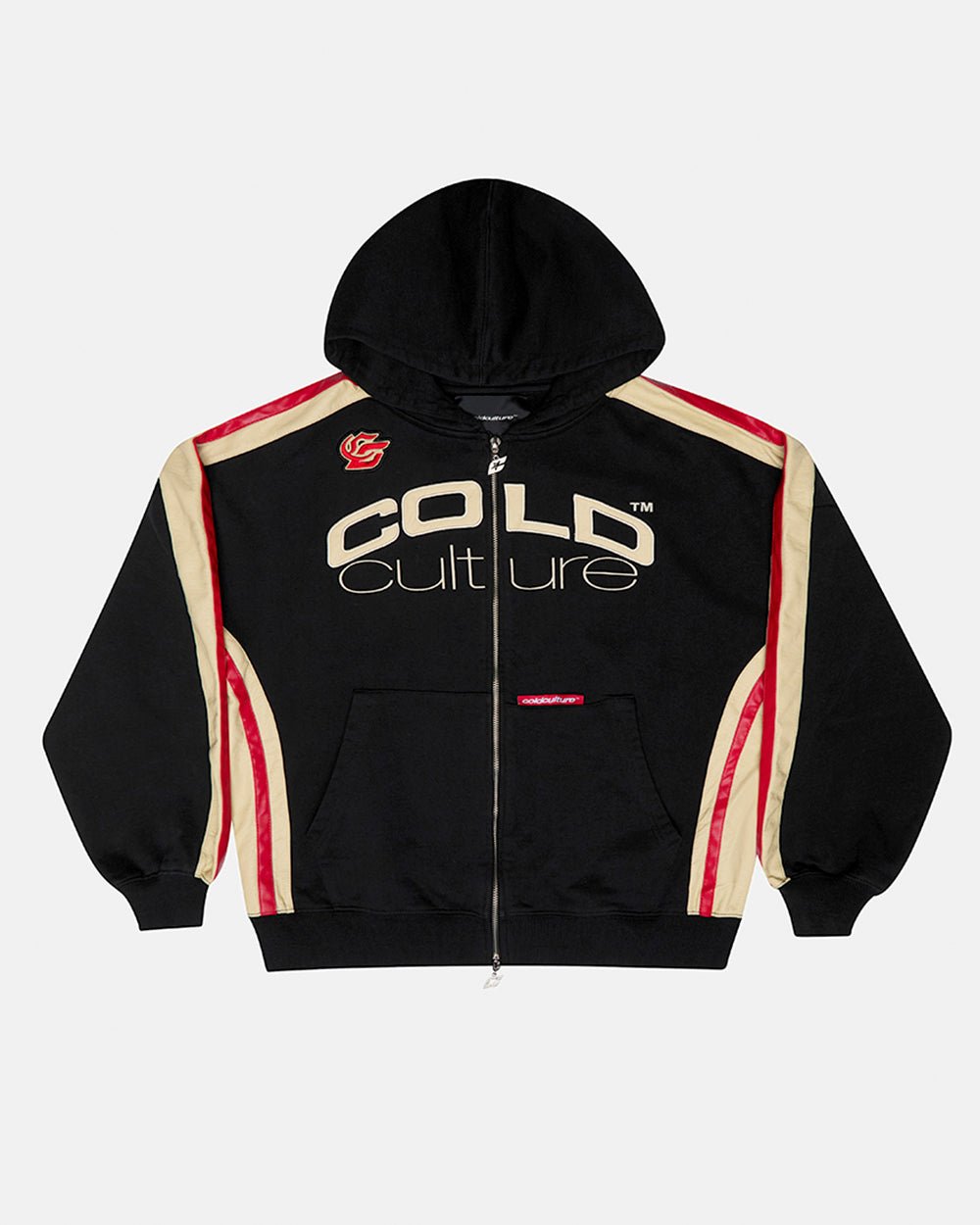 BIKER ZIP HOODIE BLACK - black oversized zip-up hoodie, front view - Cold Culture #packshot