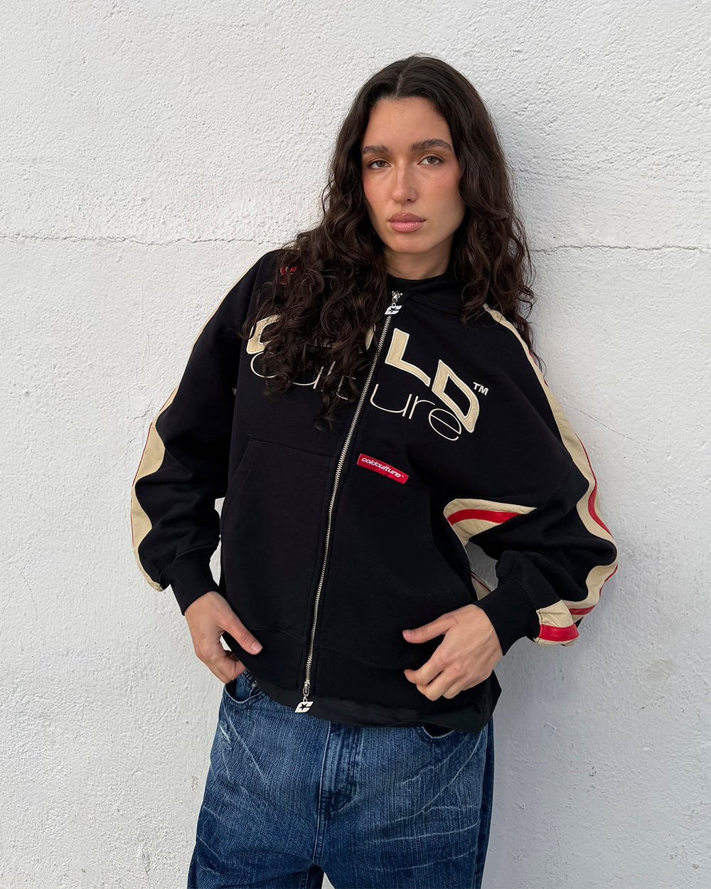 BIKER ZIP HOODIE BLACK - black oversized zip-up hoodie, street style shot - Cold Culture