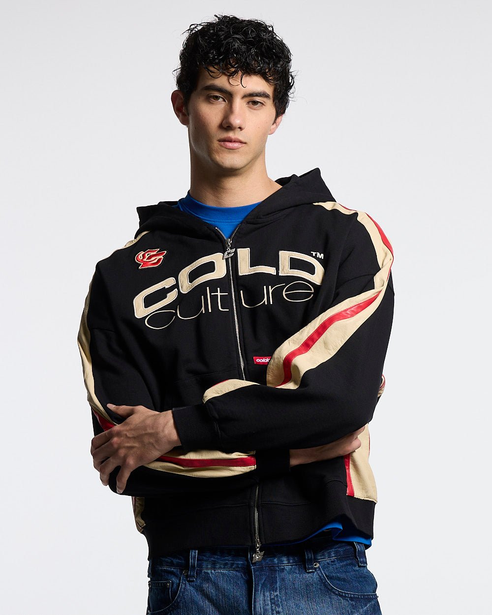 BIKER ZIP HOODIE BLACK - black oversized zip-up hoodie, front view on male model - Cold Culture #man