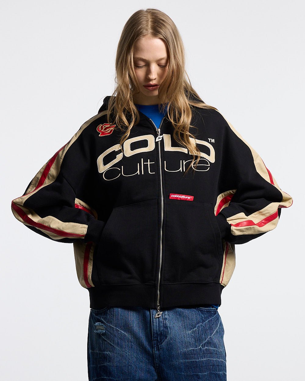 BIKER ZIP HOODIE BLACK - black oversized zip-up hoodie, front view on female model - Cold Culture #woman