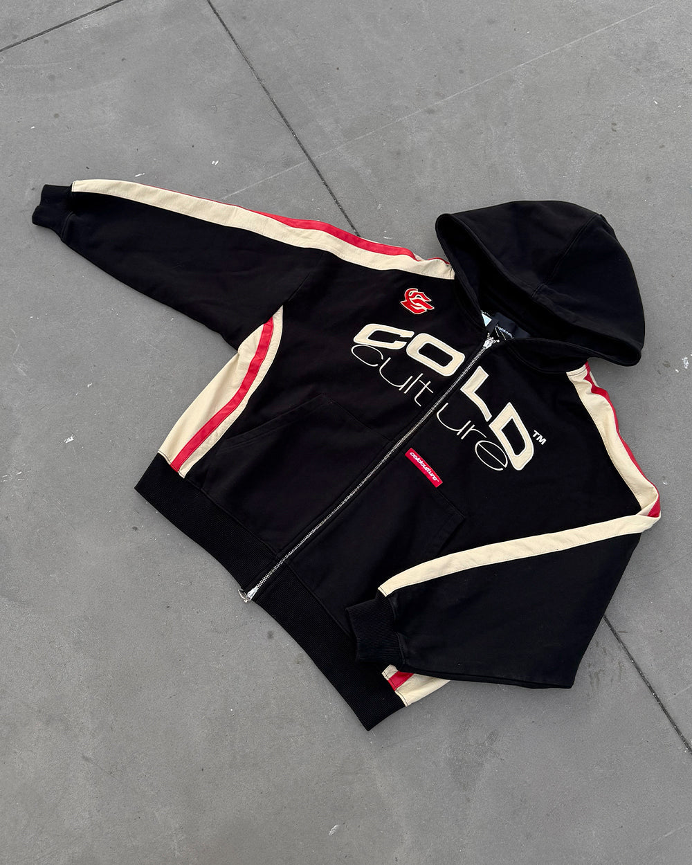 BIKER ZIP HOODIE BLACK - black oversized zip-up hoodie, flat lay - Cold Culture