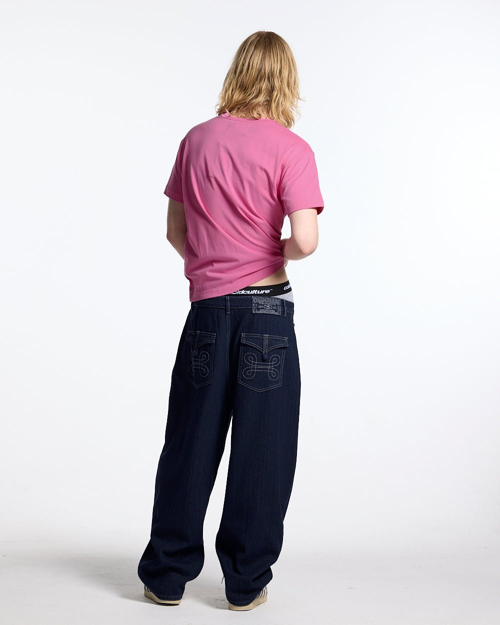 BINGO V4 PANTS BLACK - black denim pants with contrast stitching, back view on male model - Cold Culture #man