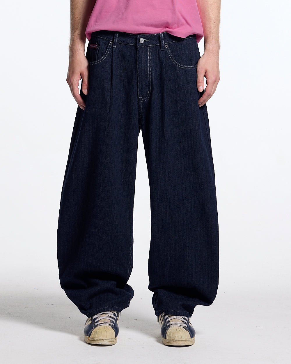 BINGO V4 PANTS BLACK - black denim pants with contrast stitching, front view on male model - Cold Culture
