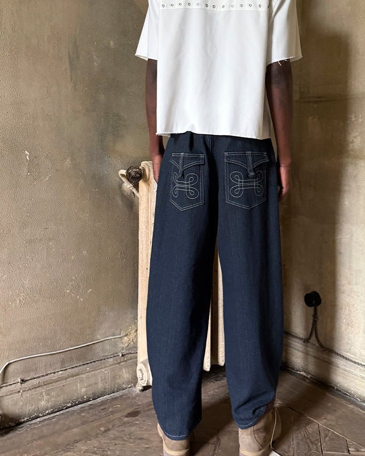 BINGO V4 PANTS BLACK - black denim pants with contrast stitching, worn detail - Cold Culture