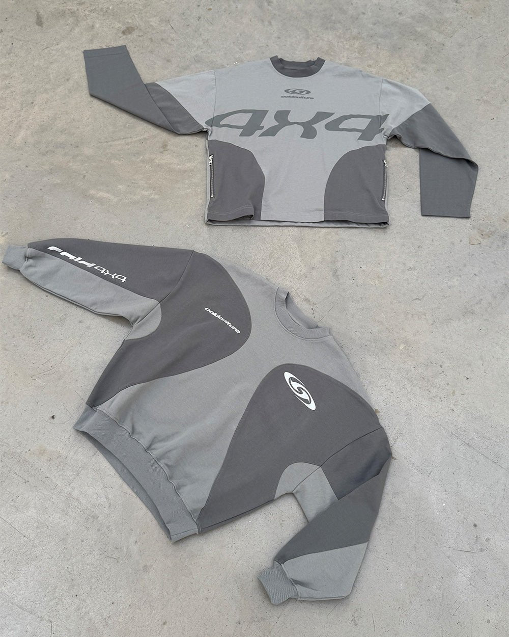 BLACE LONGSLEEVE GREY - grey two-tone longsleeve tee, flat lay with matching pieces - Cold Culture