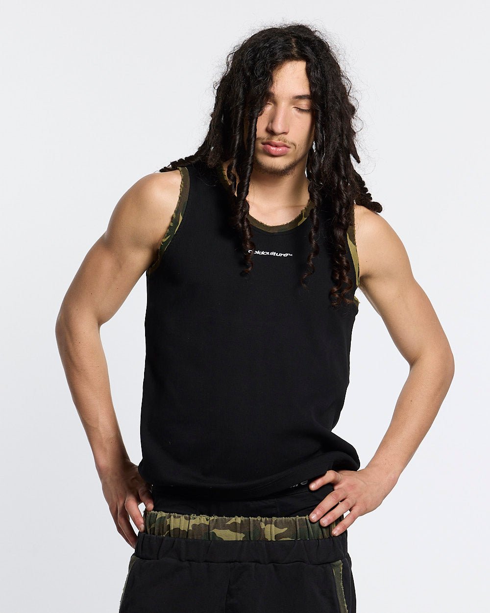 BLACK OPS TANK TOP BLACK - black tank top with camo trim, front view on male model - Cold Culture #man