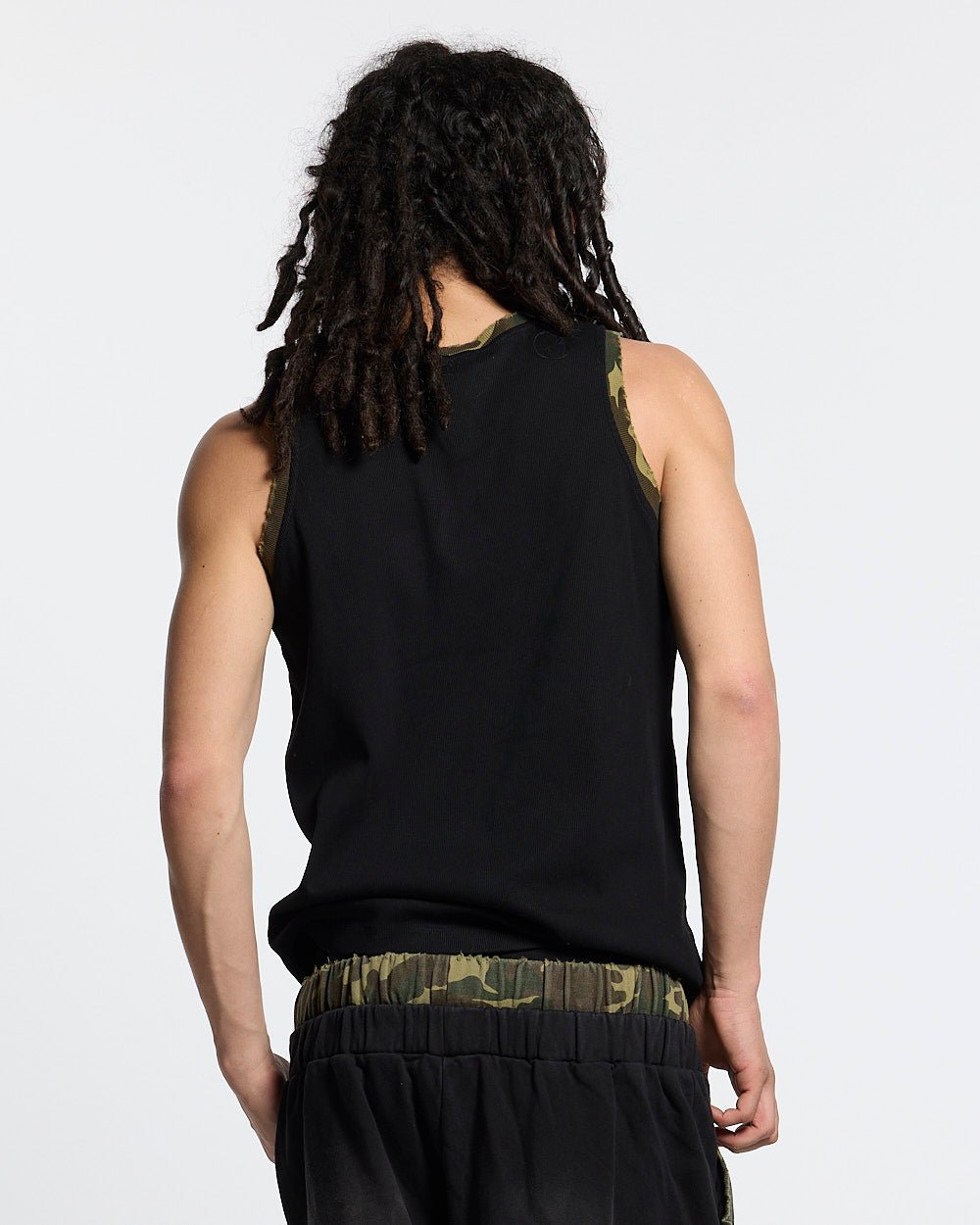 BLACK OPS TANK TOP BLACK - black tank top with camo trim, back view on male model - Cold Culture #man