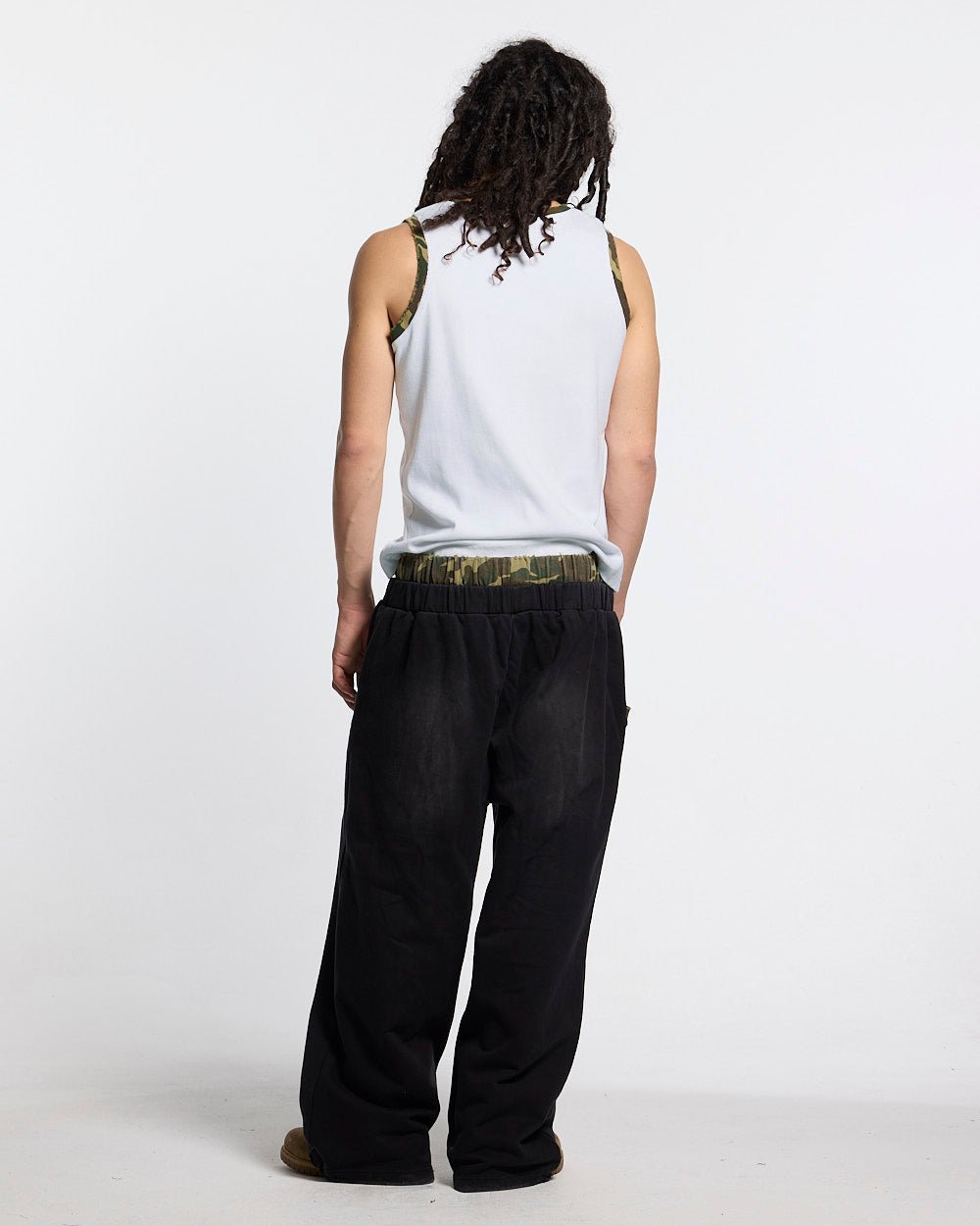 BLACK OPS TANK TOP WHITE - white tank top with camo trim, back view on male model - Cold Culture #man