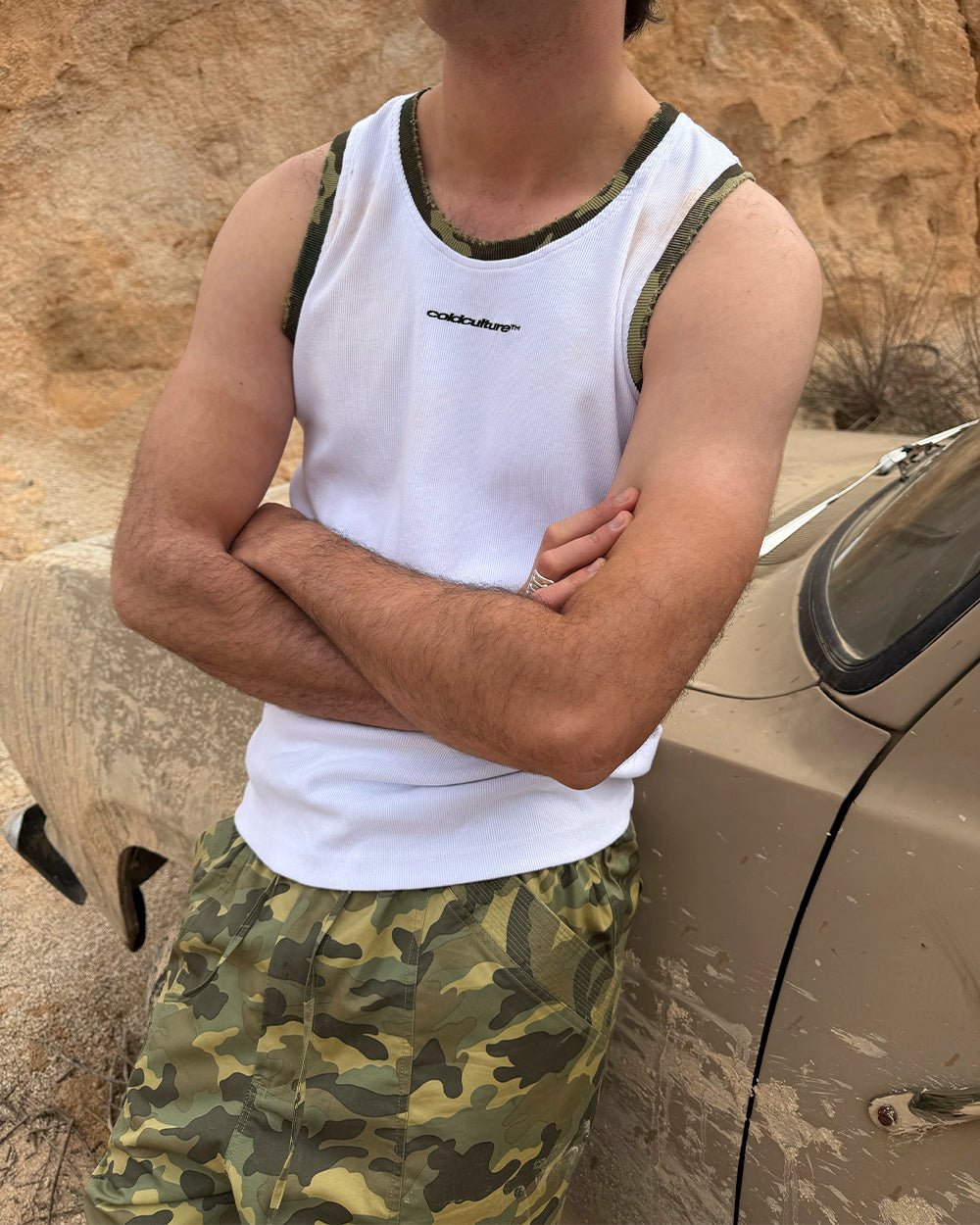 BLACK OPS TANK TOP WHITE - white tank top with camo trim, worn detail - Cold Culture
