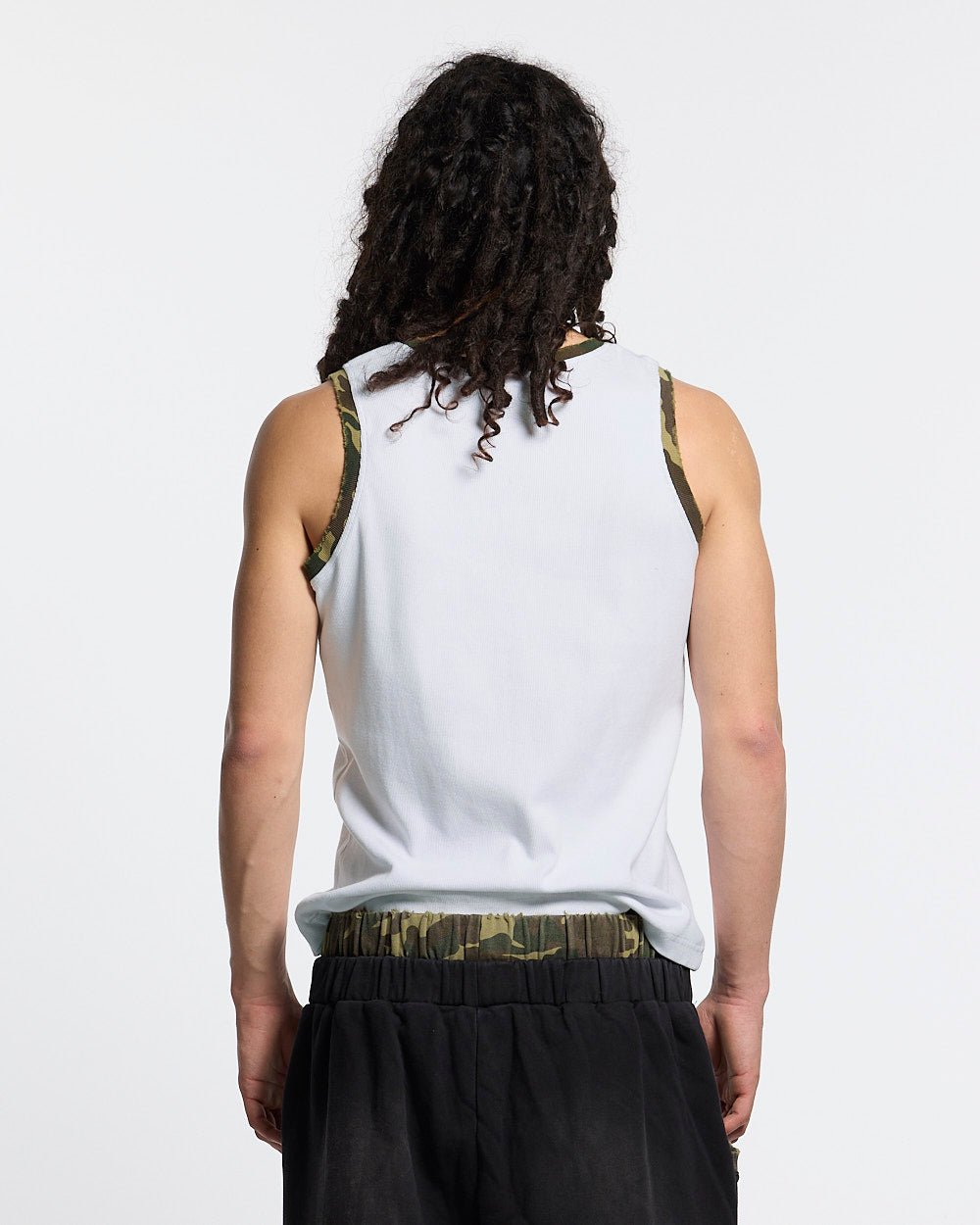 BLACK OPS TANK TOP WHITE - white tank top with camo trim, back view on male model - Cold Culture #man