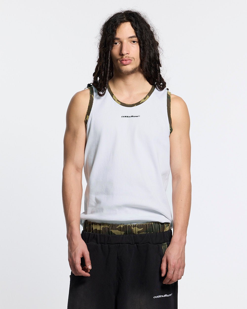 BLACK OPS TANK TOP WHITE - white tank top with camo trim, front view on male model - Cold Culture #man