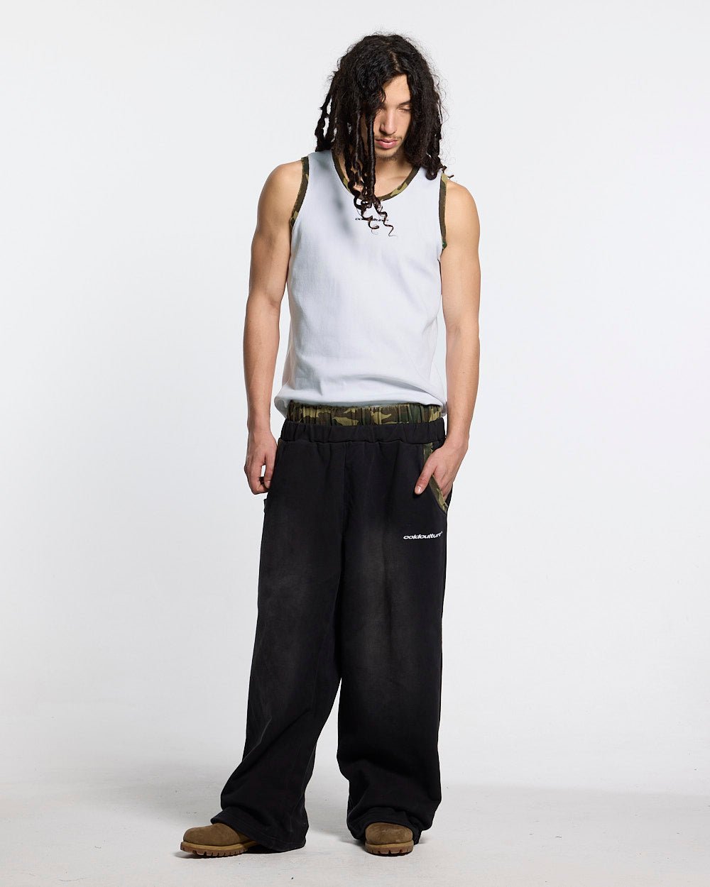 BLACK OPS TANK TOP WHITE - white tank top with camo trim, front view on male model - Cold Culture #man