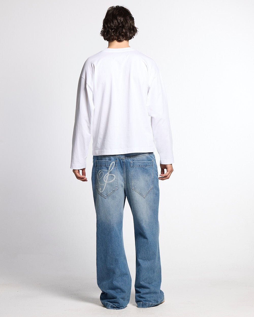 BLESSINGS LONGSLEEVE WHITE - white script print longsleeve tee, back view on male model - Cold Culture #man