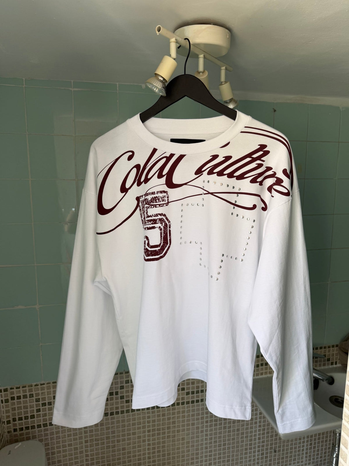 BLESSINGS LONGSLEEVE WHITE - white script print longsleeve tee, front view - Cold Culture