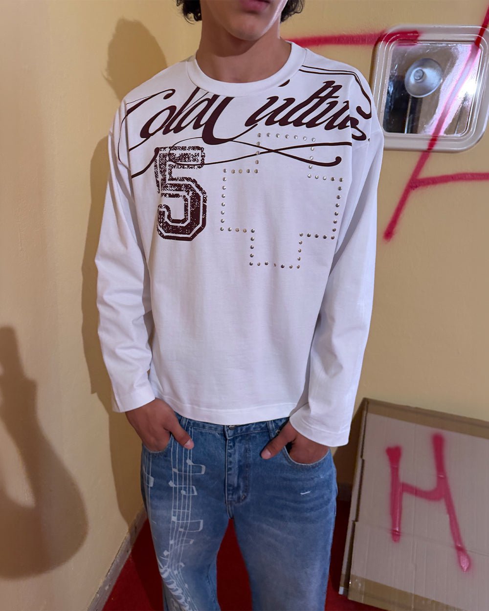 BLESSINGS LONGSLEEVE WHITE - white script print longsleeve tee, street style shot - Cold Culture