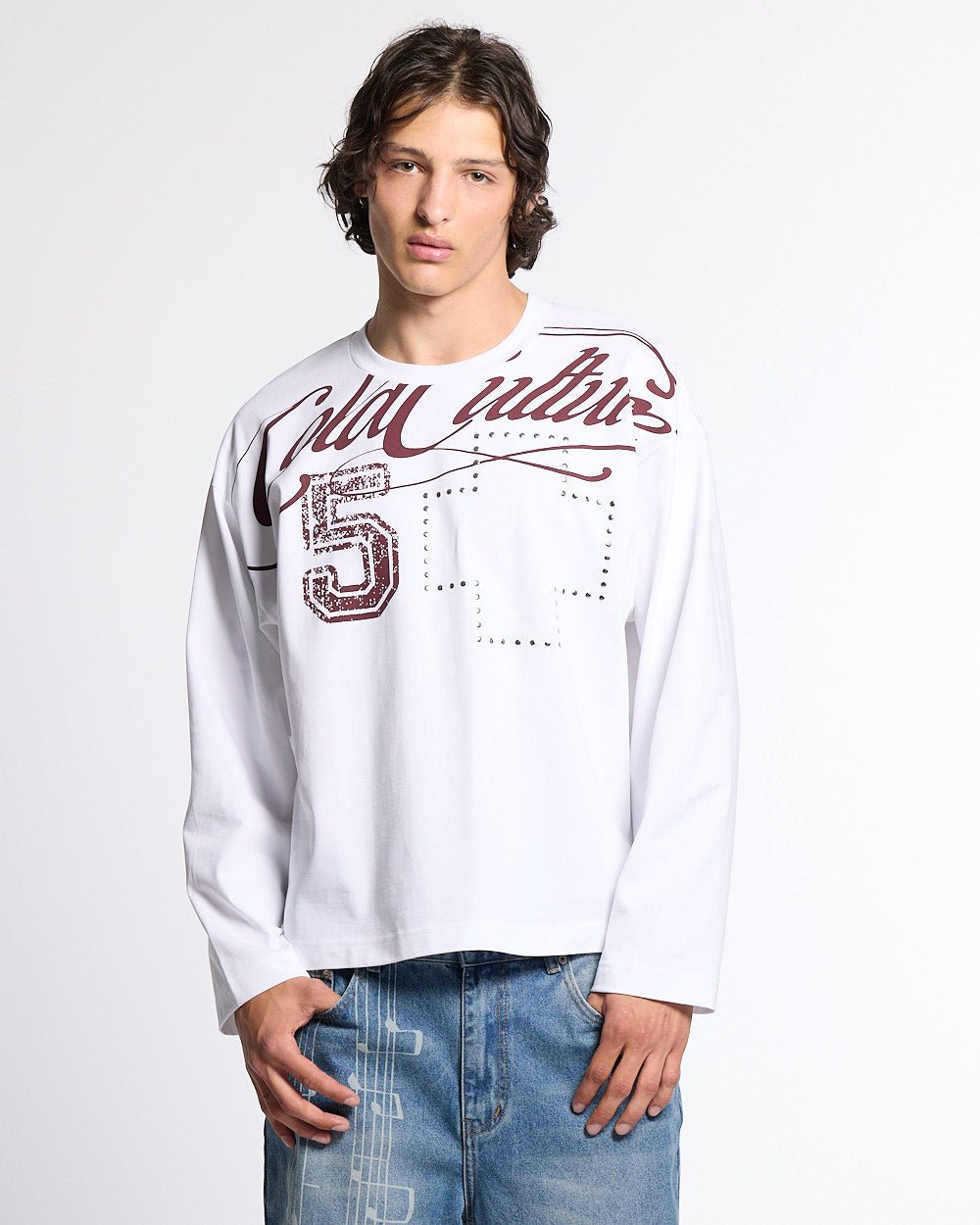 BLESSINGS LONGSLEEVE WHITE - white script print longsleeve tee, front view on male model - Cold Culture #man